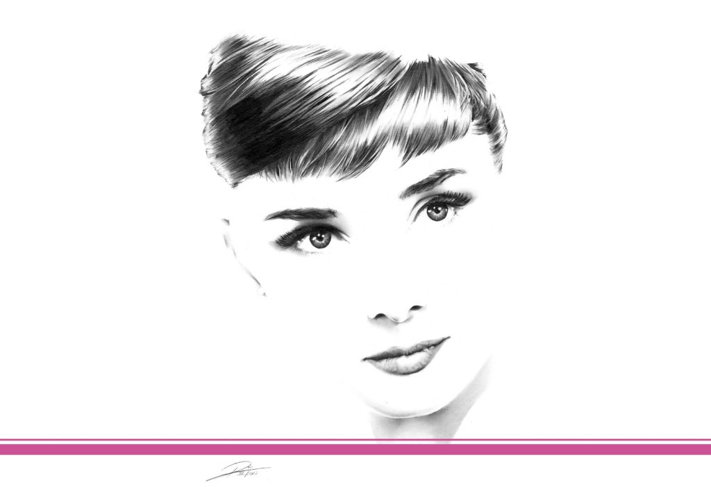 Audrey Hepburn als Bleistiftzeichnung – Minimalistische Porträtkunst einer Hollywood-Ikone