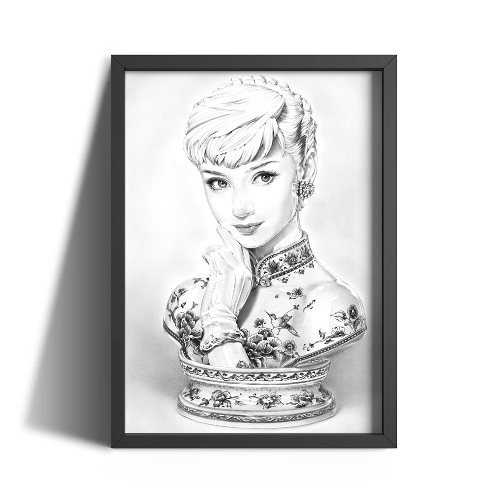 Bleistiftzeichnung Portrait Kunst Dirk Richter - Kunstwerk Audrey Hepburn Büste