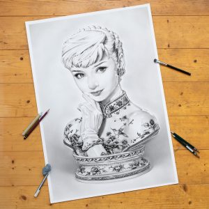 Bleistiftzeichnung Portrait Kunst Dirk Richter - original Bleistiftzeichnung Audrey Hepburn Büste